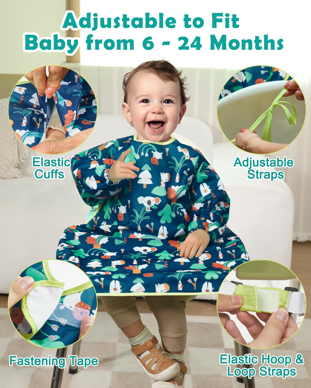 Lictin Coverall Baby Feeding Bib, Waterproof Long Sleeved Toddler Bib, Adjustable Weaning Bibs Attaches to Highchair & table