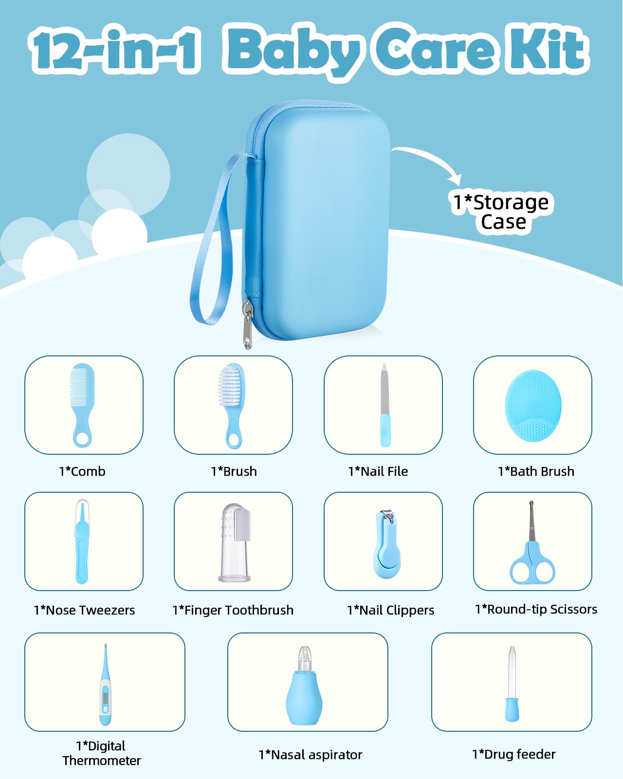 Lictin Baby Healthcare and Grooming kit, Newborn Nursery Safety Health Set with Thermometer Nail Clipper Brush Comb, Baby Care Kit for Baby Boys Girls, Blue
