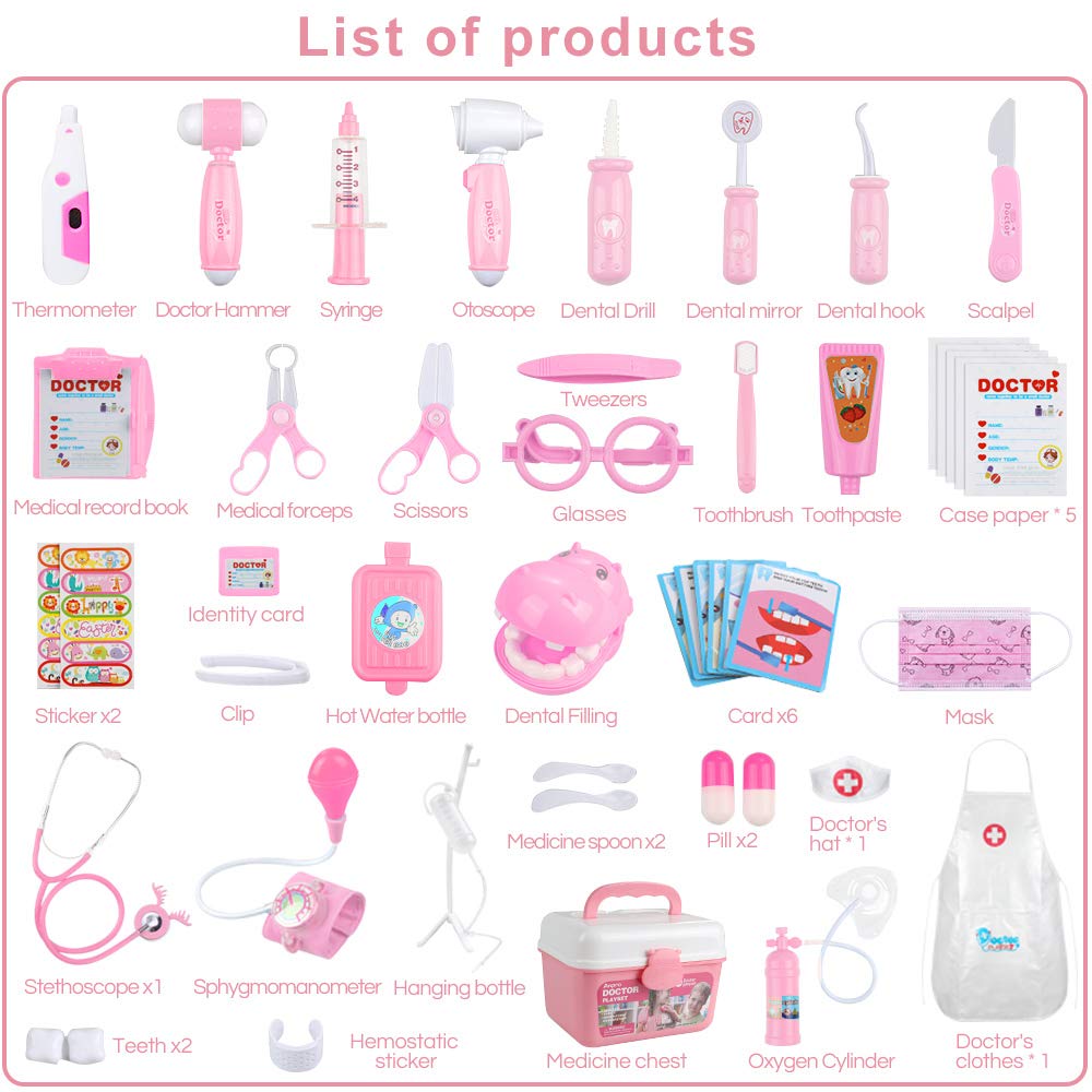 Anpro Doctor Kit for Kids, 46Pcs Pink Medical Toy Kids Pretend Educational Play Set with Stethoscope Doctor Role Play Gifts for Toddler Boys & Girls 3-6 Years