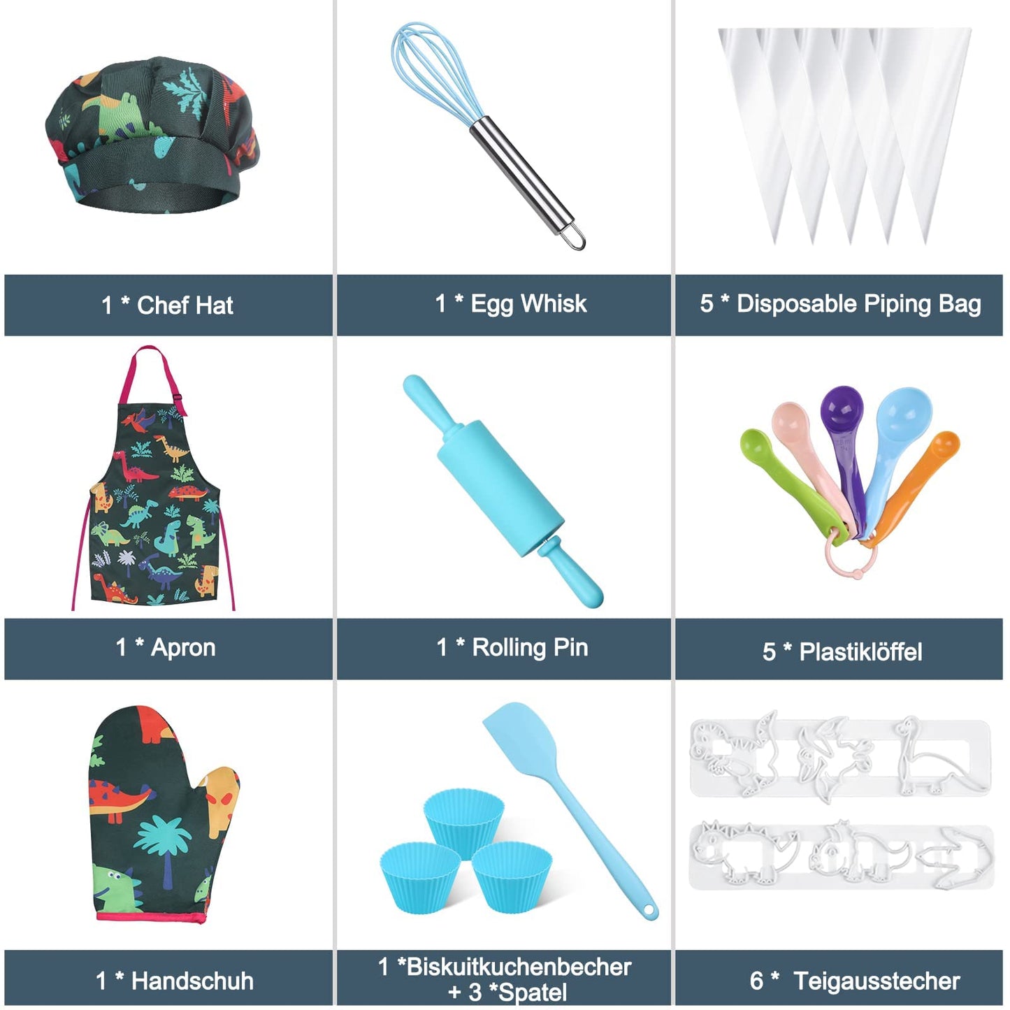 Gleamkid Complete Kids Cooking and Baking Set, 27 Pcs Aprons for Boys, Chef Hat, Mitt & Utensil to Dress up Chef Costume Career Role Play for 3-7 Years Boys