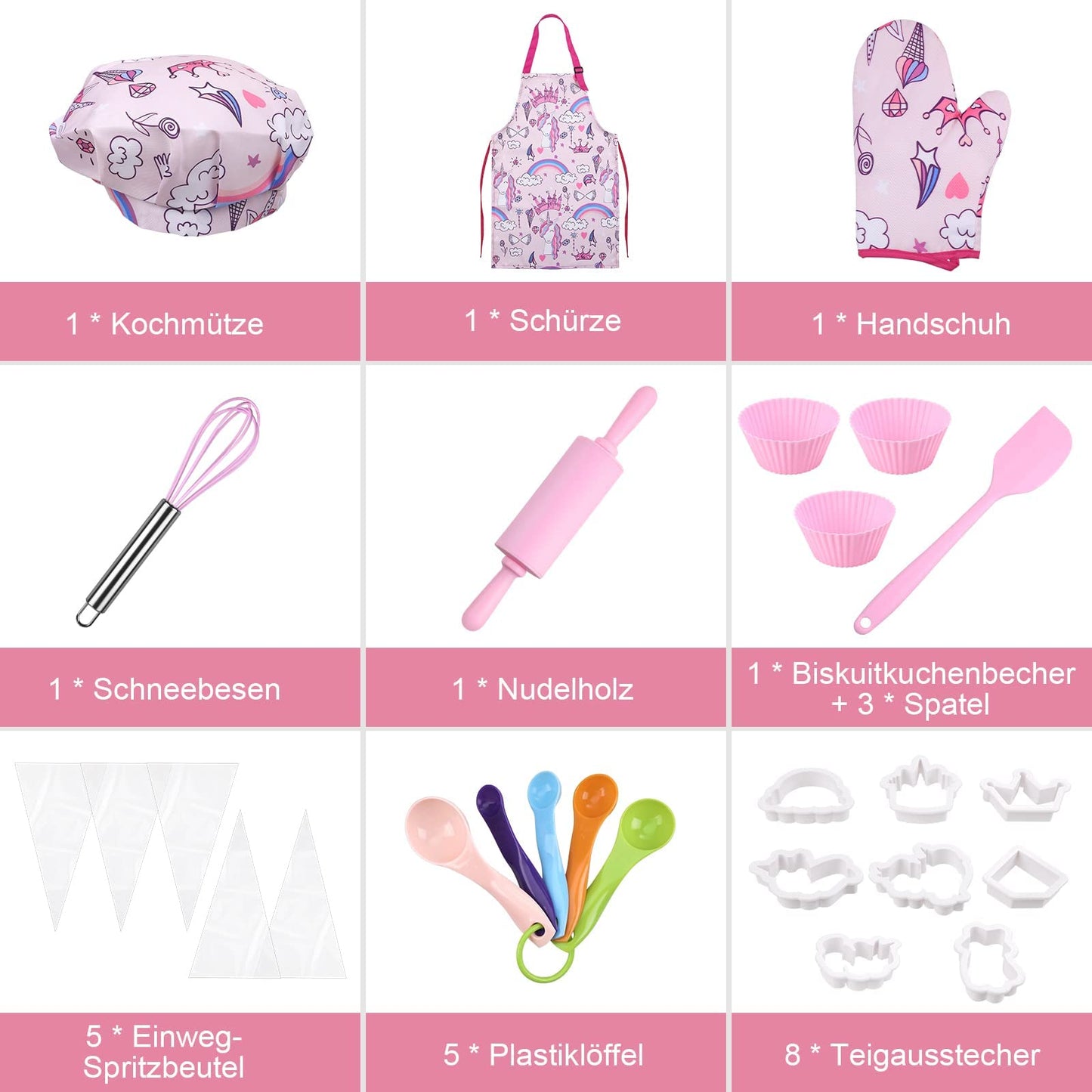 Gleamkid Complete Kids Cooking and Baking Set, 27 Pcs Aprons for Girls, Chef Hat, Mitt & Utensil to Dress up Chef Costume Career Role Play for 3-7 Years Girls, Plastic