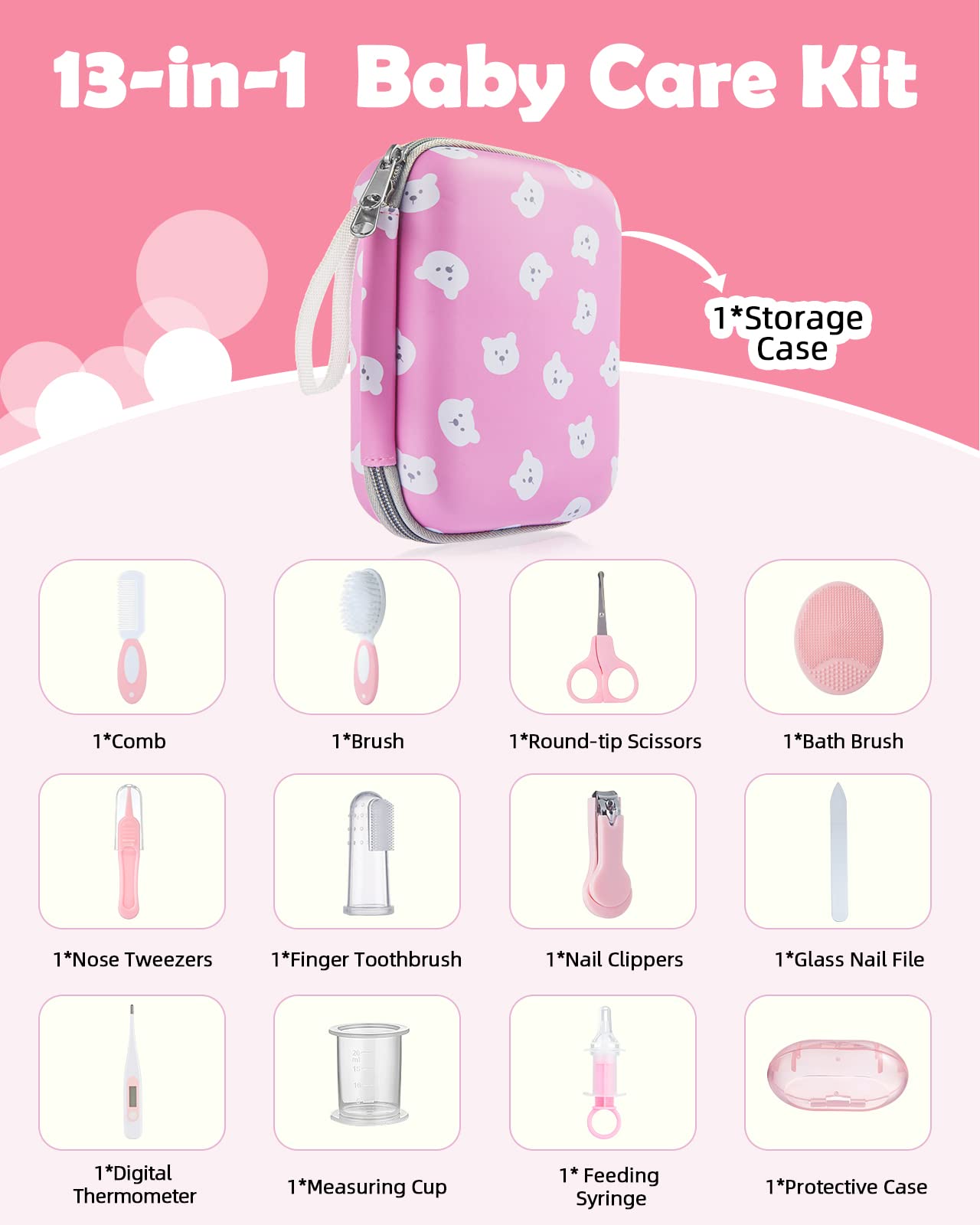 Lictin Baby Grooming Kit, 13 in 1 Portable Newborn Nursery Safety Health Care Set with Thermometer, Brush, Nail Clippers, Baby Care Kit for Baby Girls, Pink