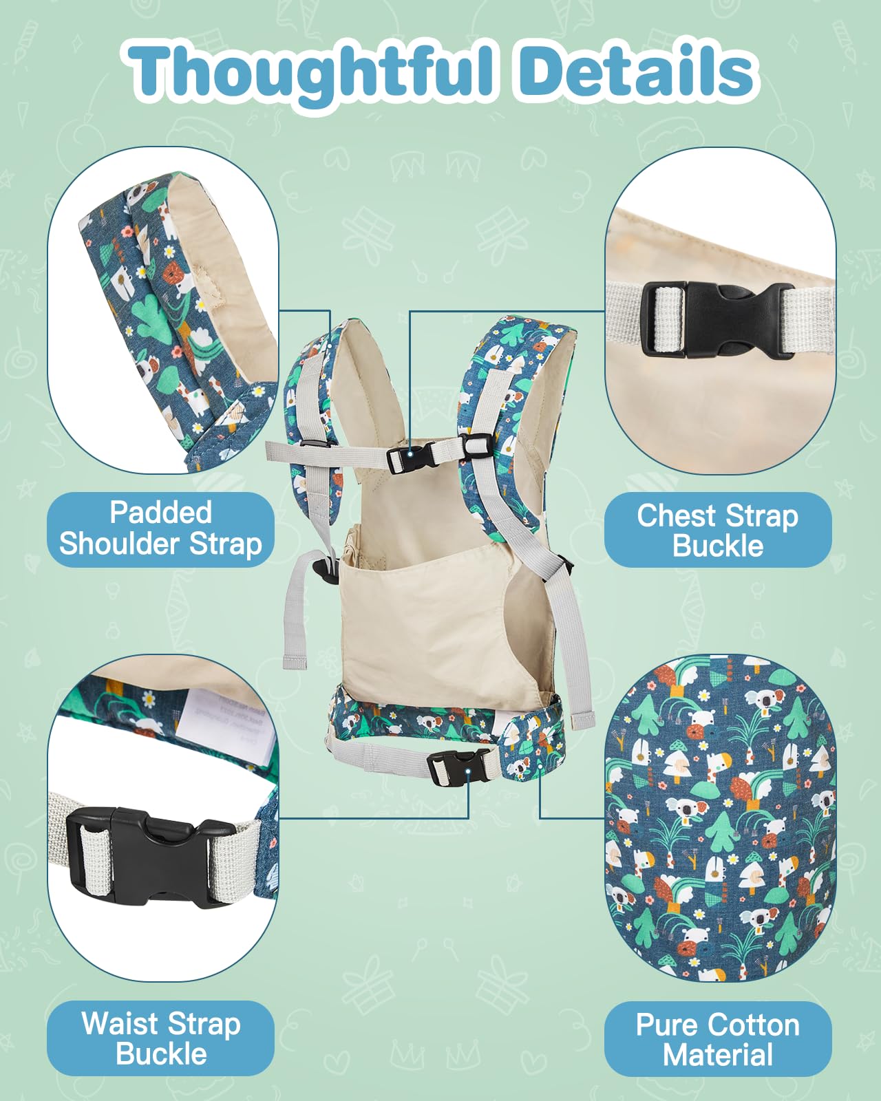 Lictin Baby Doll Carrier, Front and Back Doll Accessories Carrier for Little Girls, with Adjustable Straps for Stuffed Animal Reborn Baby Doll,Blue Koala