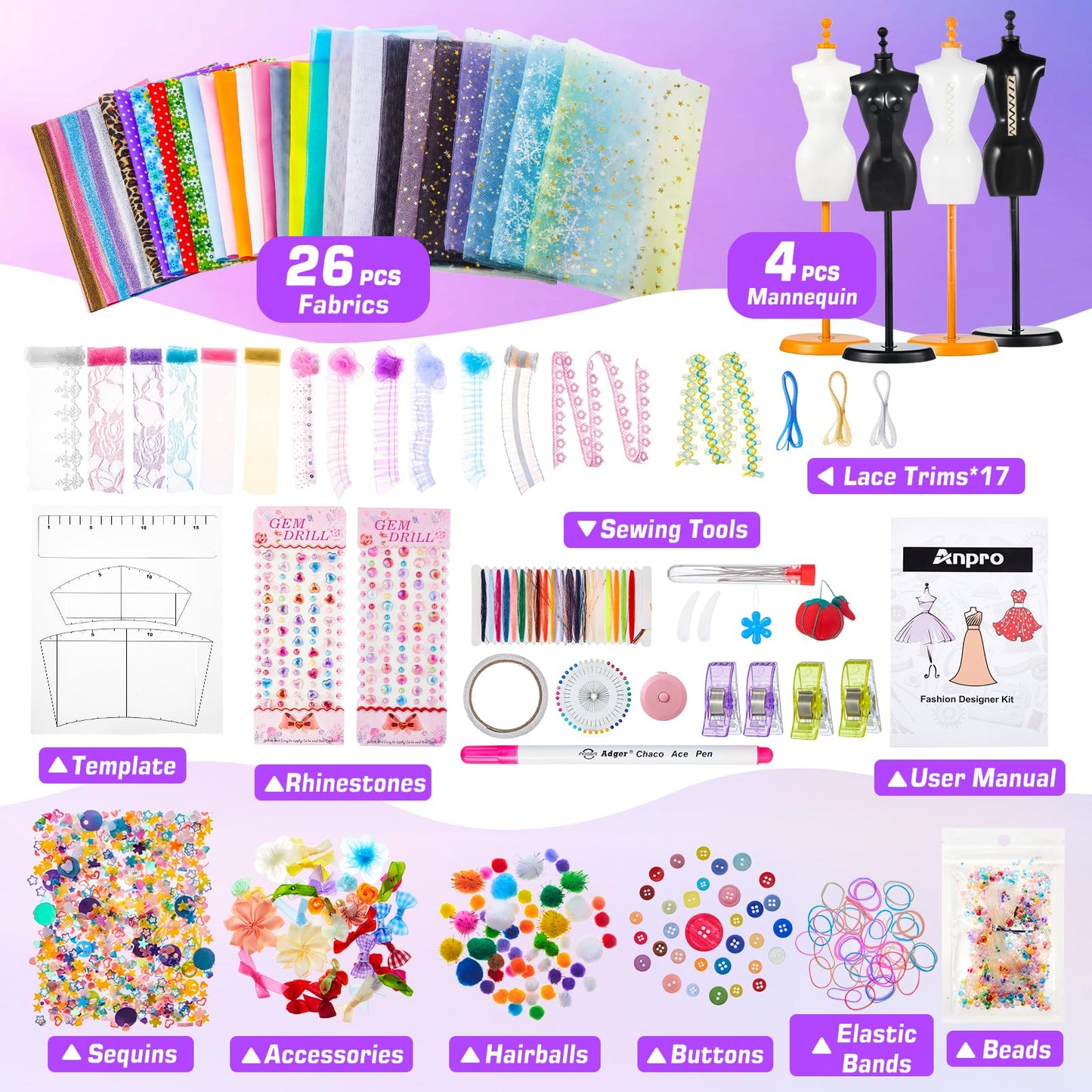 Gleamkid 700+Pcs Fashion Designer Kit for Girls with 4 Mannequins, DIY Arts & Crafts Kit Toys, Doll Clothes Making Sewing Kit for Girls Age 6-12