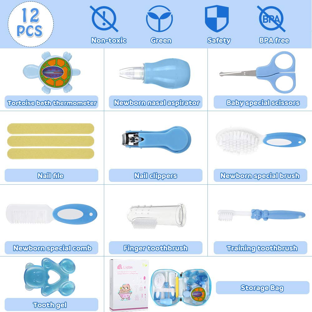 Lictin 12-in-1 Baby Grooming & Healthcare Kit - Portable Safety Care Set with Bath Thermometer, Brush Comb & Nail Clippers - Newborn Essentials for Nursery, Baby Shower Gift Boys Girls, Blue