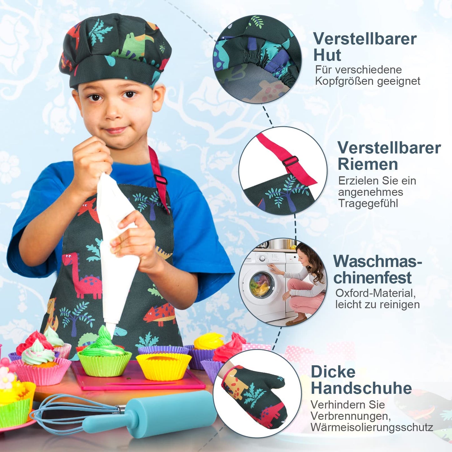 Gleamkid Complete Kids Cooking and Baking Set, 27 Pcs Aprons for Boys, Chef Hat, Mitt & Utensil to Dress up Chef Costume Career Role Play for 3-7 Years Boys