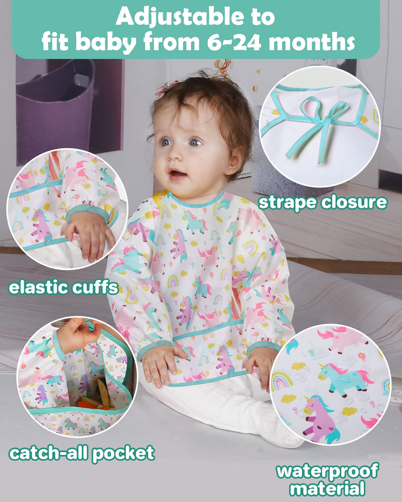 Lictin Baby Bibs Long Sleeve for Baby Girls, 3 Pcs Waterproof Bibs for 6-24 Months Toddlers, Adjustable Closure Baby Smock, Pink
