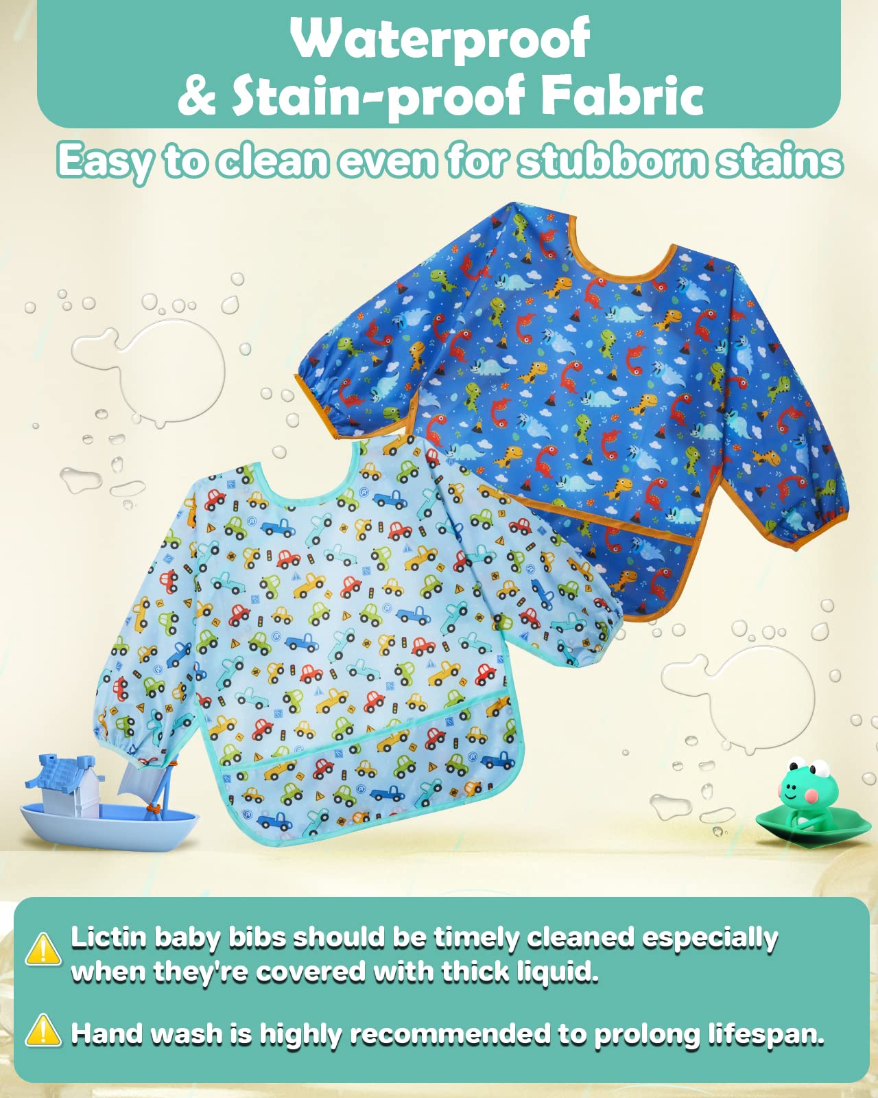 Lictin Long Sleeve Baby Bibs for Boys Girls, 3 Pcs Waterproof Baby Bibs for 6-24 Months Toddlers, Adjustable Closure Baby Smock, Blue