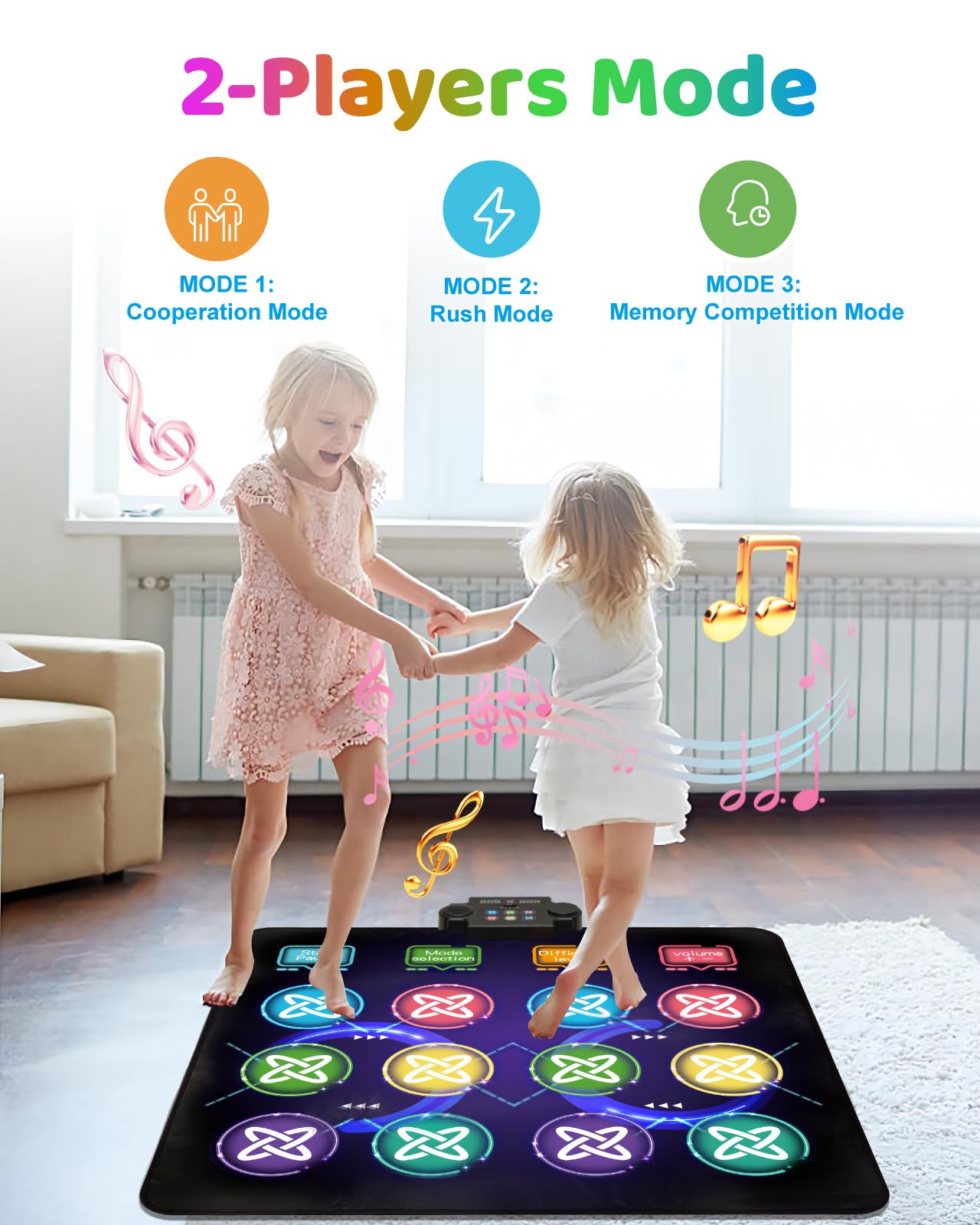 Dance Mat Toys for Kids, Dual Dance Pad with Light-Up, 1 & 2-Player Mode, Music Dance Game Mat with Adjustable Volume, Built-in Music & 8 Modes, Gift for Girls Boys Age 3-12