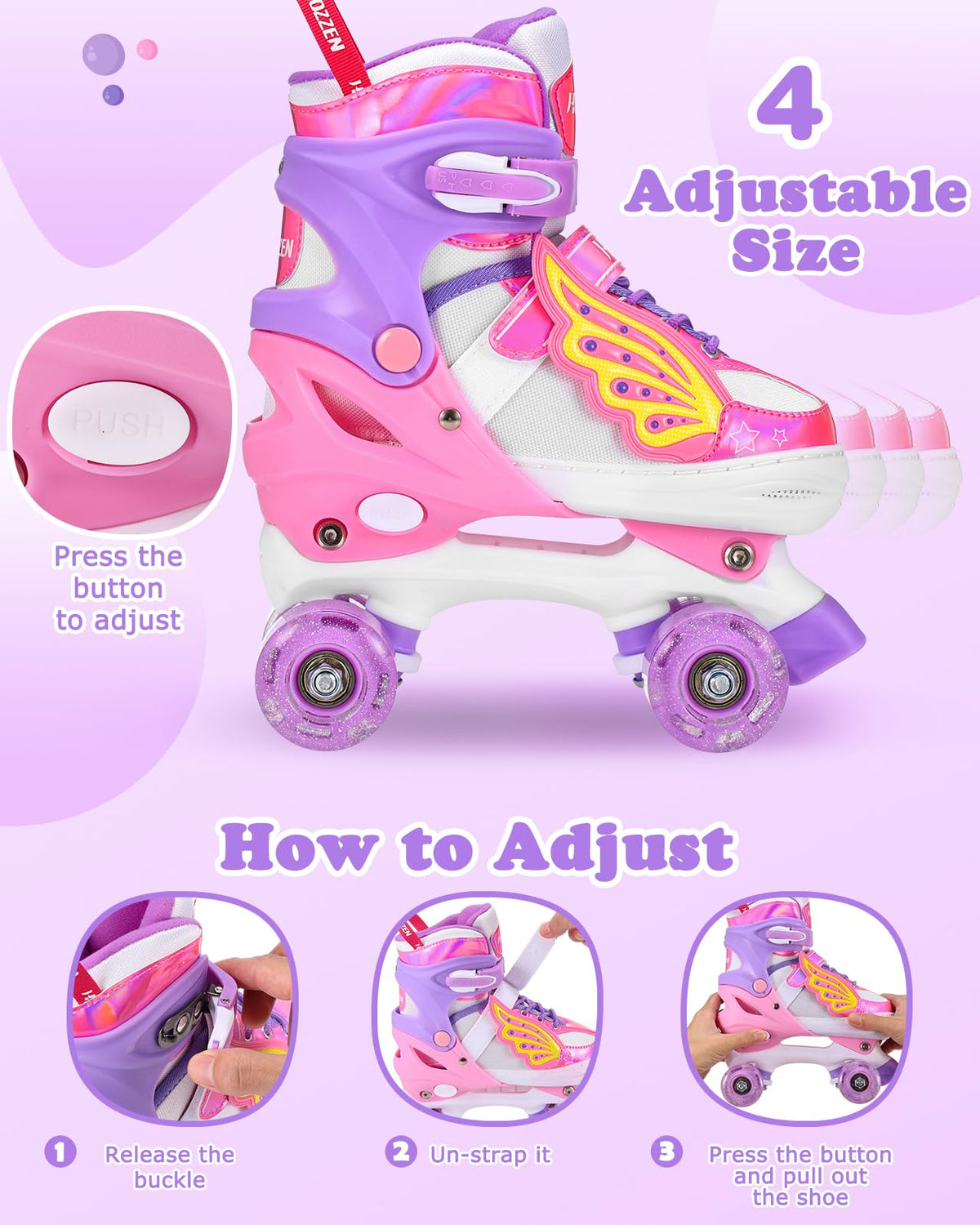 Kids Roller Skates for Girls, 4 Size Adjustable Toddler Roller Skates with Light Up Wheels for Outdoor/Indoor, Gifts for Girls Beginner（M, 12C-2Y)