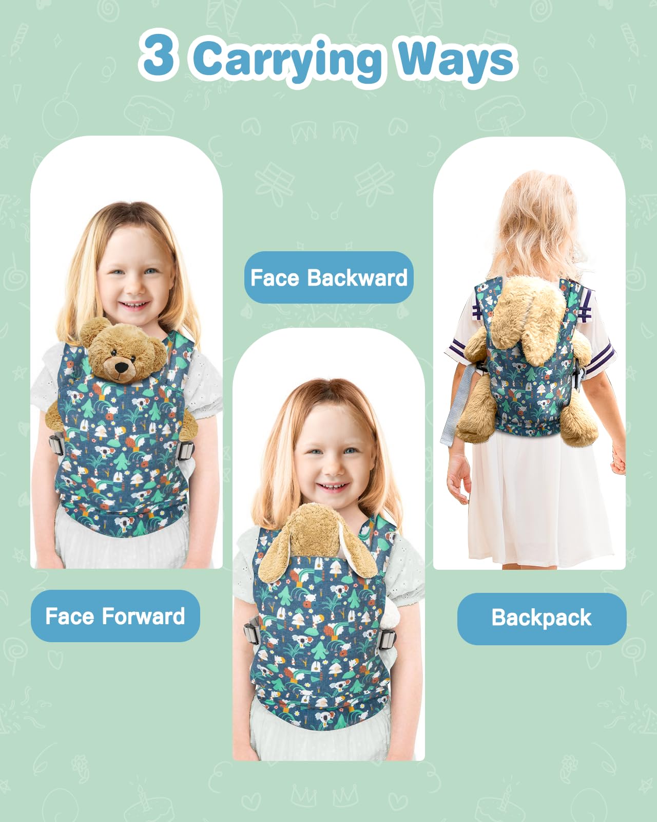 Lictin Baby Doll Carrier, Front and Back Doll Accessories Carrier for Little Girls, with Adjustable Straps for Stuffed Animal Reborn Baby Doll,Blue Koala
