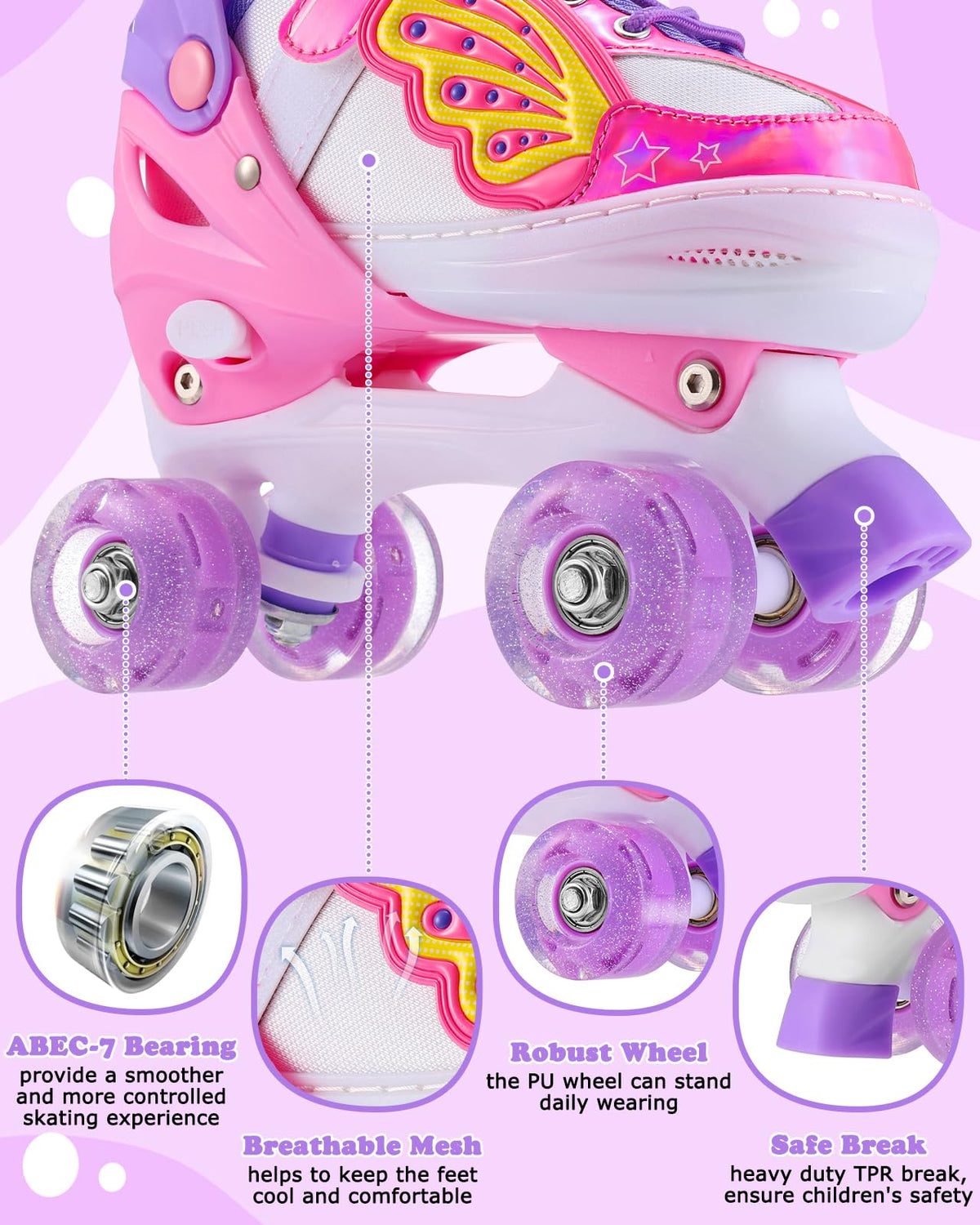 Kids Roller Skates for Girls, 4 Size Adjustable Toddler Roller Skates with Light Up Wheels for Outdoor/Indoor, Gifts for Girls Beginner（M, 12C-2Y)