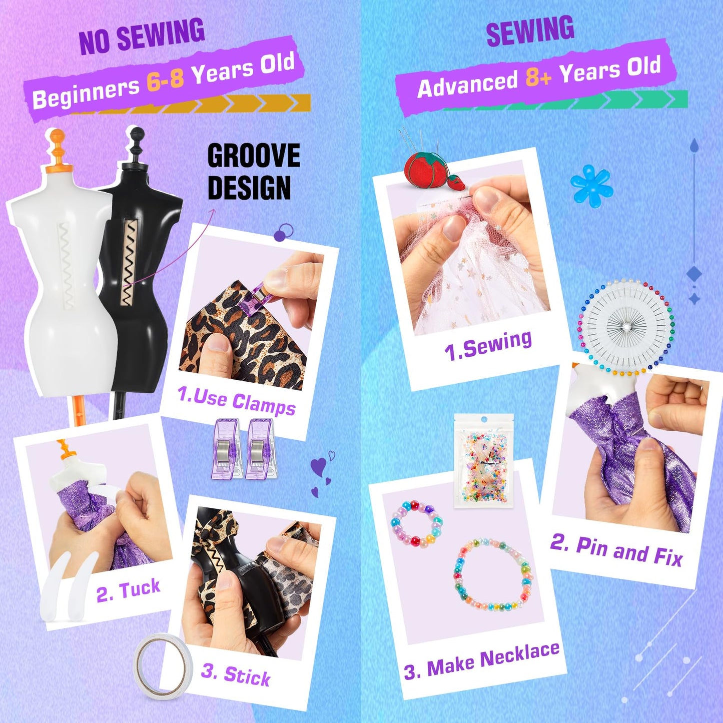 Gleamkid 700+Pcs Fashion Designer Kit for Girls with 4 Mannequins, DIY Arts & Crafts Kit Toys, Doll Clothes Making Sewing Kit for Girls Age 6-12