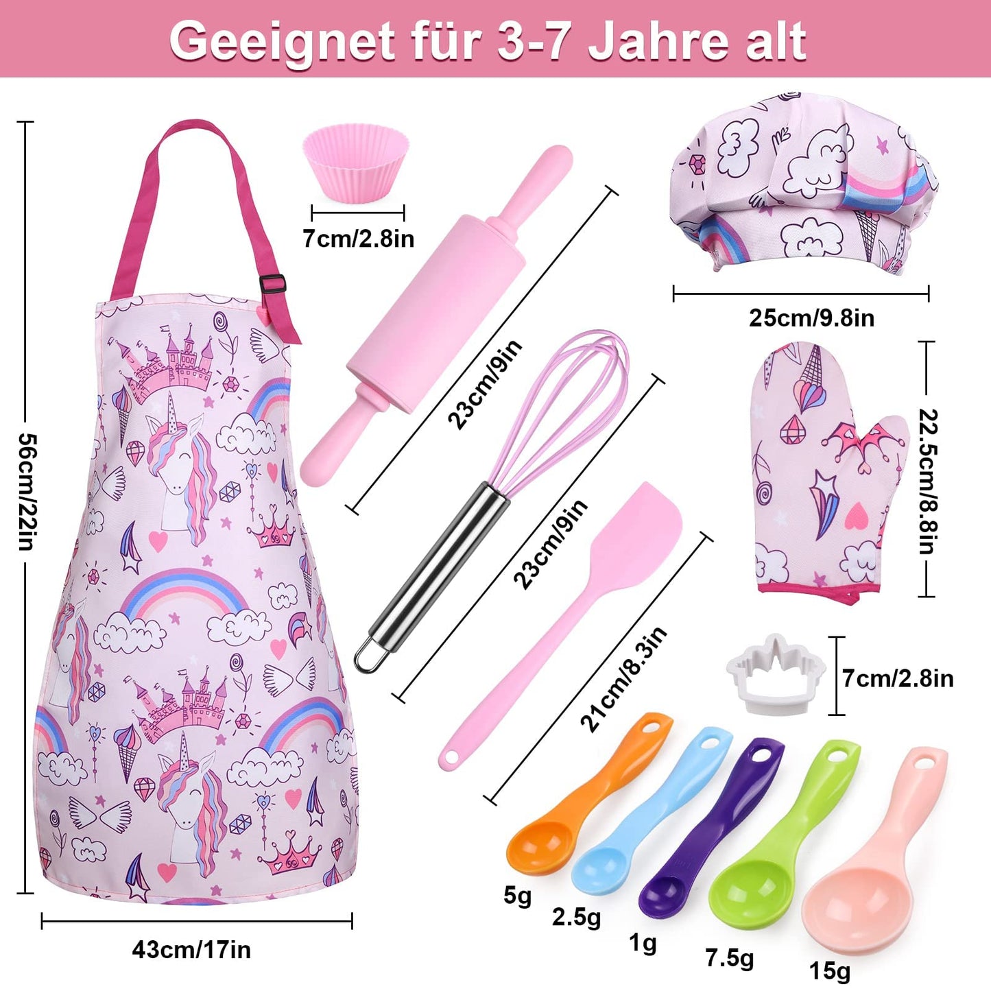 Gleamkid Complete Kids Cooking and Baking Set, 27 Pcs Aprons for Girls, Chef Hat, Mitt & Utensil to Dress up Chef Costume Career Role Play for 3-7 Years Girls, Plastic
