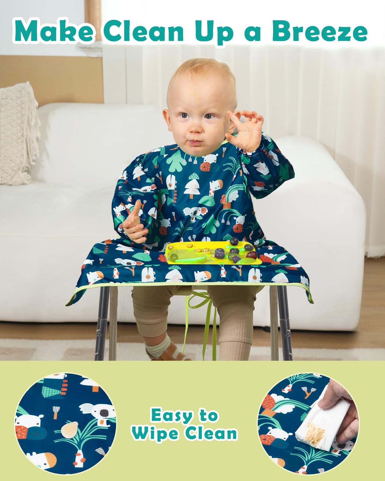 Lictin Coverall Baby Feeding Bib, Waterproof Long Sleeved Toddler Bib, Adjustable Weaning Bibs Attaches to Highchair & table