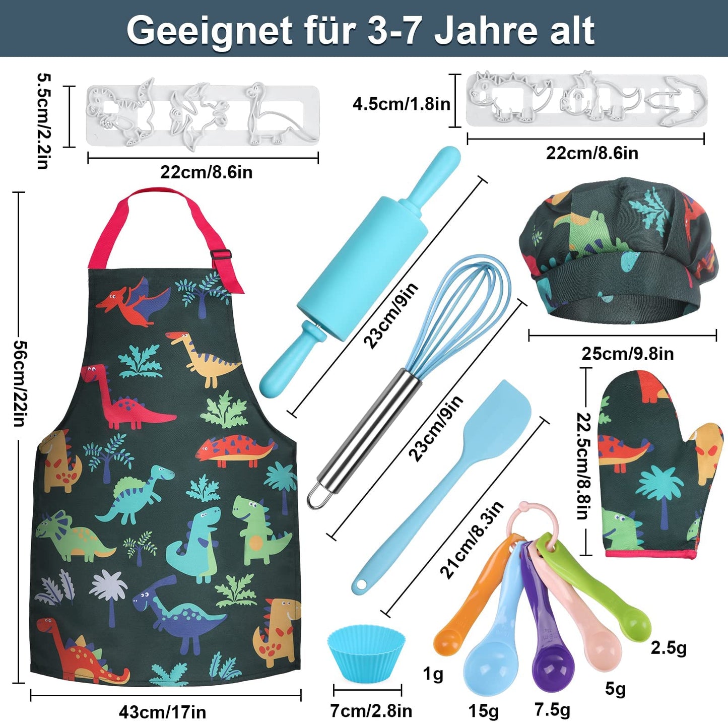 Gleamkid Complete Kids Cooking and Baking Set, 27 Pcs Aprons for Boys, Chef Hat, Mitt & Utensil to Dress up Chef Costume Career Role Play for 3-7 Years Boys