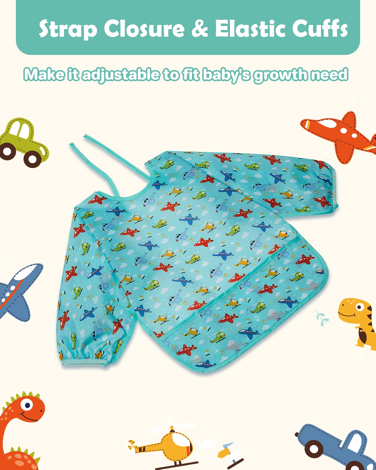 Lictin Long Sleeve Baby Bibs for Boys Girls, 3 Pcs Waterproof Baby Bibs for 6-24 Months Toddlers, Adjustable Closure Baby Smock, Blue