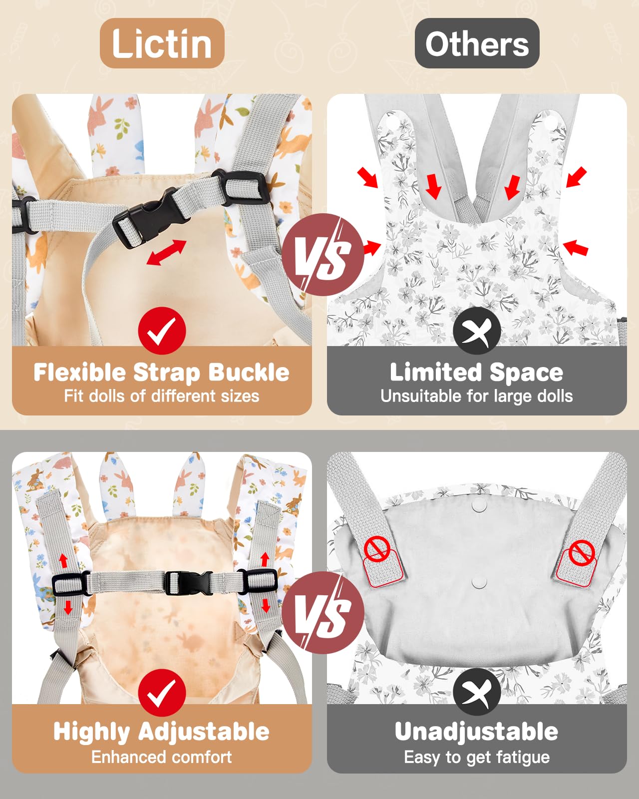 Lictin Baby Doll Carrier, Front and Back Doll Accessories Carrier for Little Girls, with Adjustable Straps for Stuffed Animal Reborn Baby Doll,Pink Rabbit