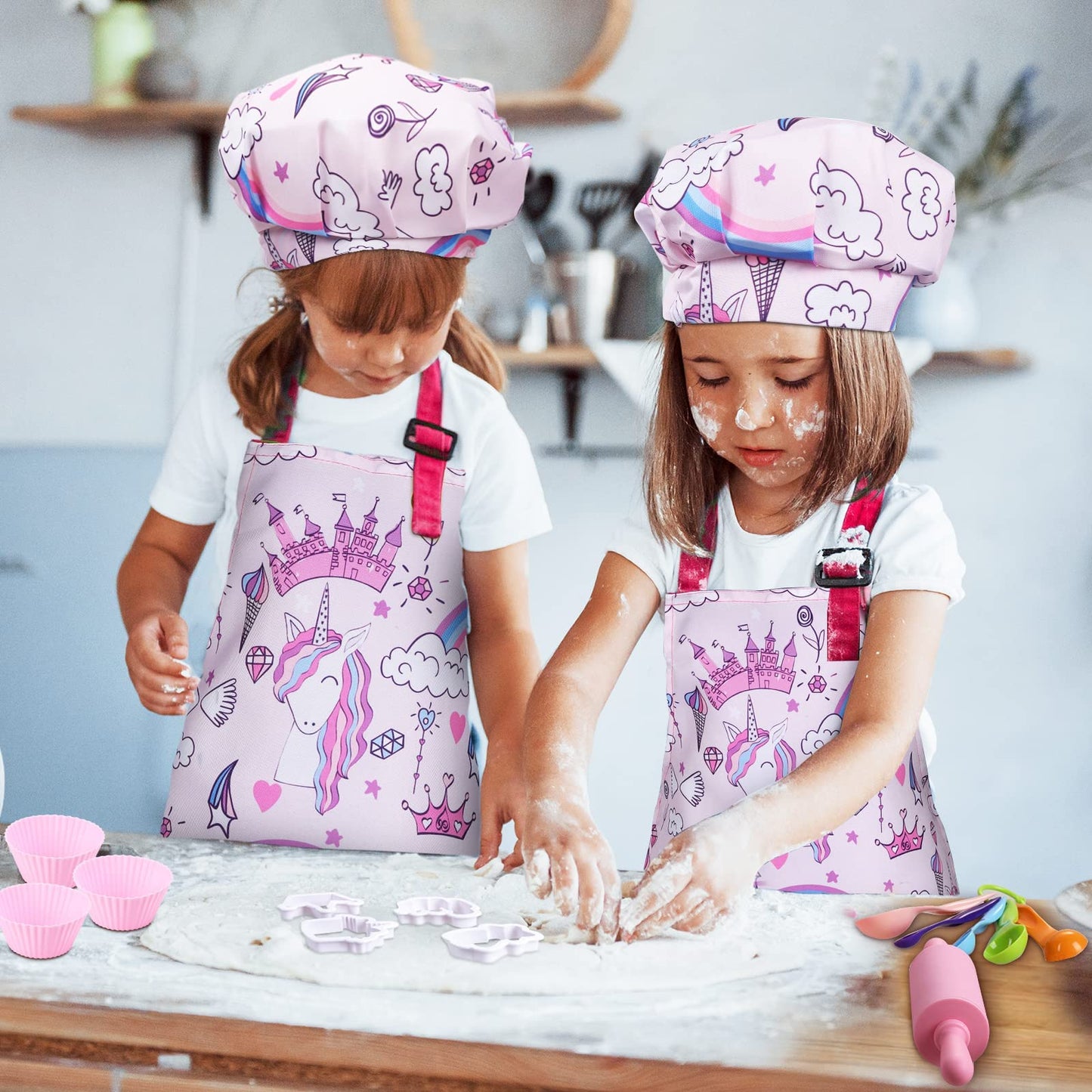 Gleamkid Complete Kids Cooking and Baking Set, 27 Pcs Aprons for Girls, Chef Hat, Mitt & Utensil to Dress up Chef Costume Career Role Play for 3-7 Years Girls, Plastic