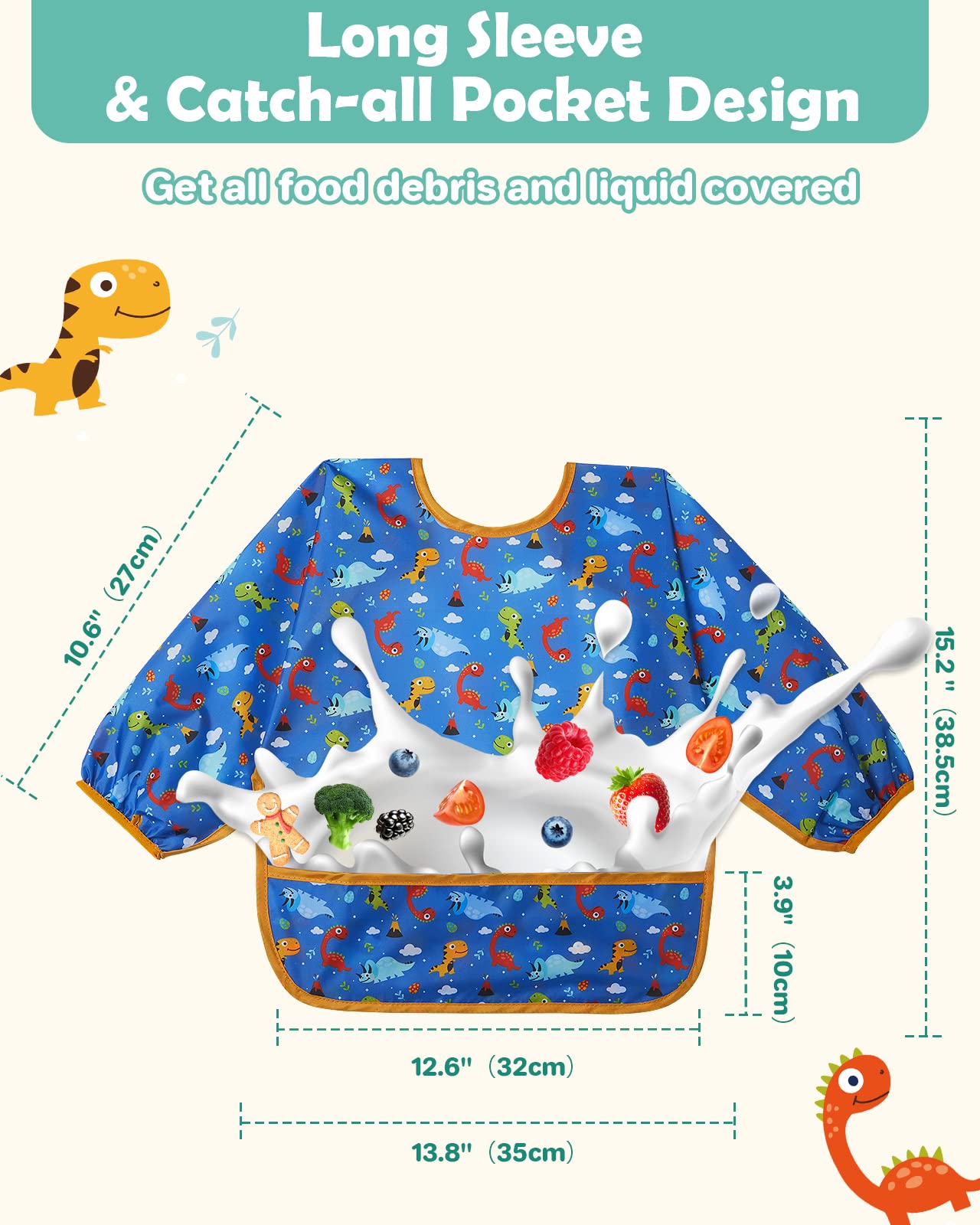 Lictin Long Sleeve Baby Bibs for Boys Girls, 3 Pcs Waterproof Baby Bibs for 6-24 Months Toddlers, Adjustable Closure Baby Smock, Blue
