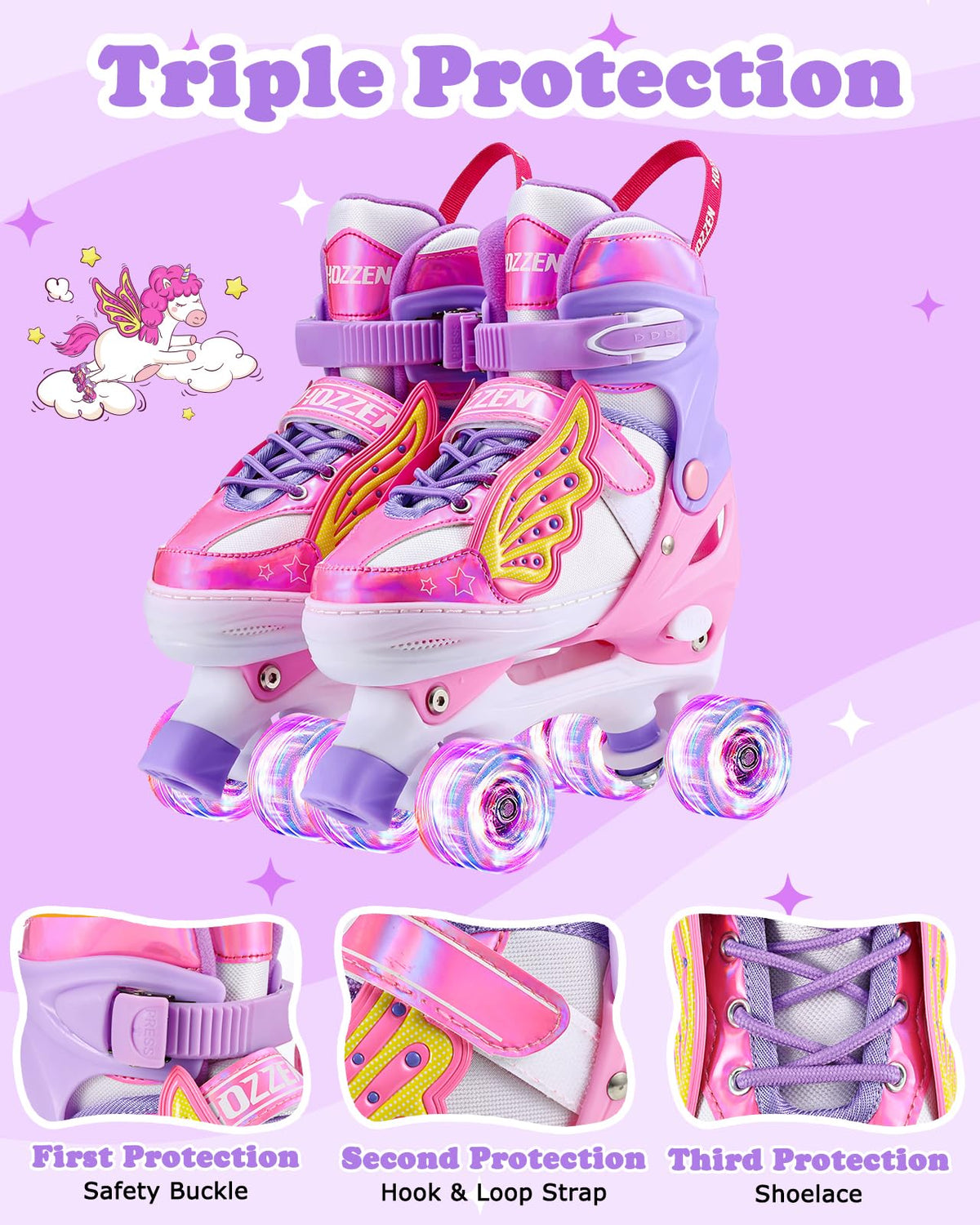 Kids Roller Skates for Girls, 4 Size Adjustable Toddler Roller Skates with Light Up Wheels for Outdoor/Indoor, Gifts for Girls Beginner（M, 12C-2Y)