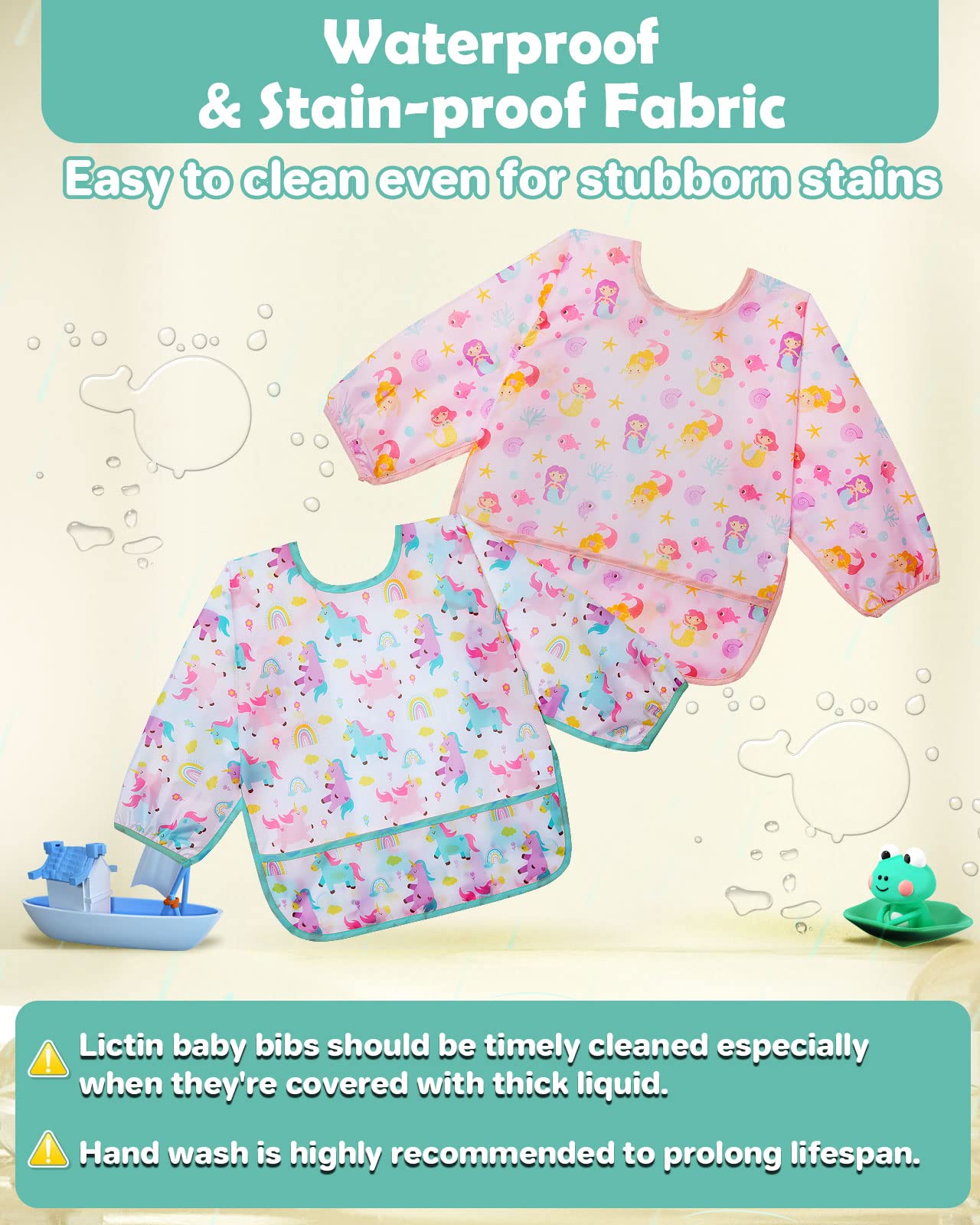 Lictin Baby Bibs Long Sleeve for Baby Girls, 3 Pcs Waterproof Bibs for 6-24 Months Toddlers, Adjustable Closure Baby Smock, Pink