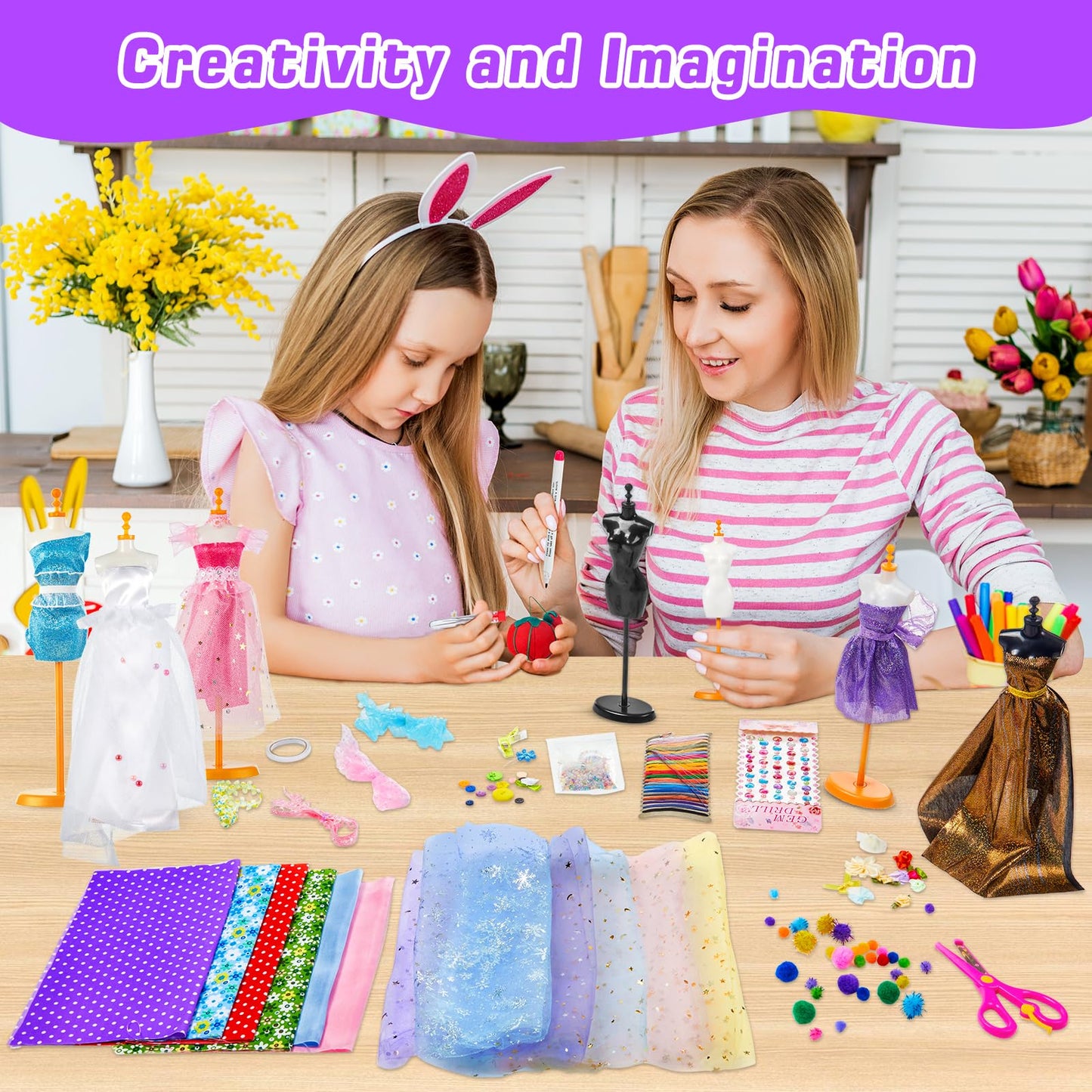 Gleamkid 700+Pcs Fashion Designer Kit for Girls with 4 Mannequins, DIY Arts & Crafts Kit Toys, Doll Clothes Making Sewing Kit for Girls Age 6-12