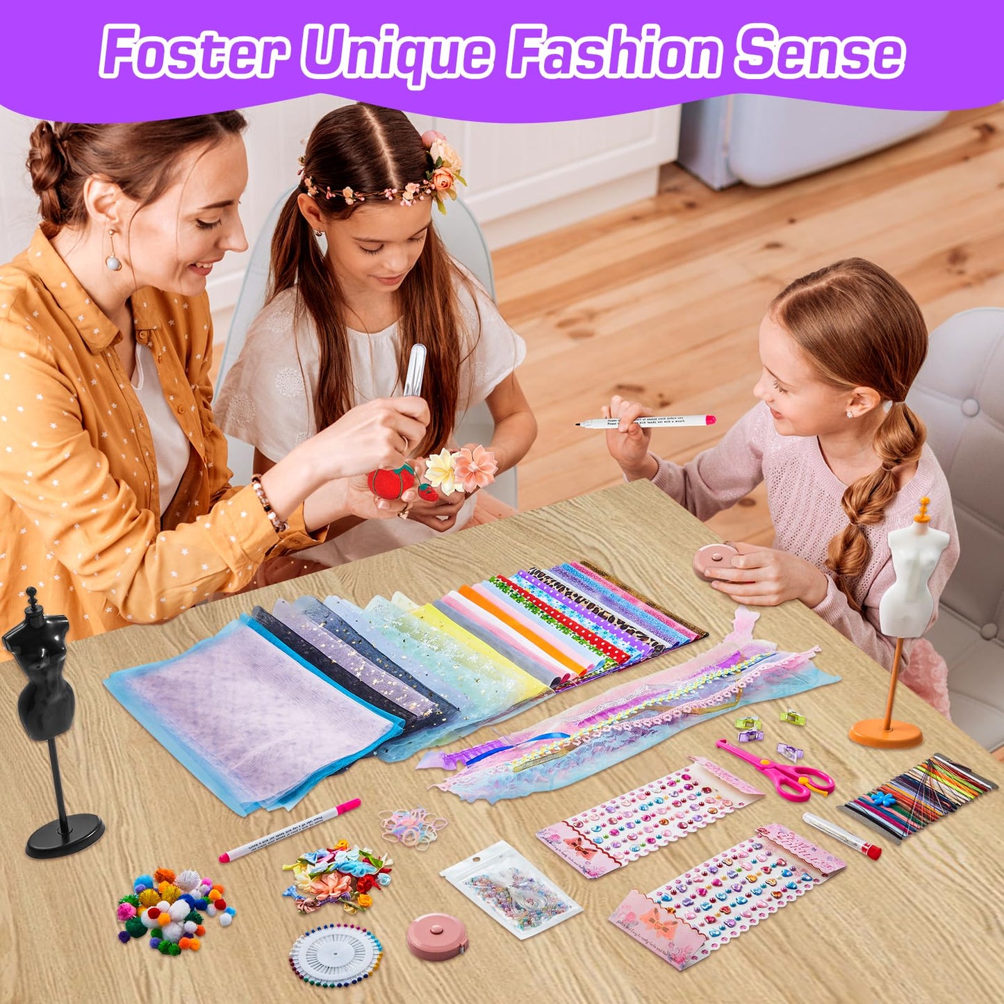 Gleamkid 700+Pcs Fashion Designer Kit for Girls with 4 Mannequins, DIY Arts & Crafts Kit Toys, Doll Clothes Making Sewing Kit for Girls Age 6-12
