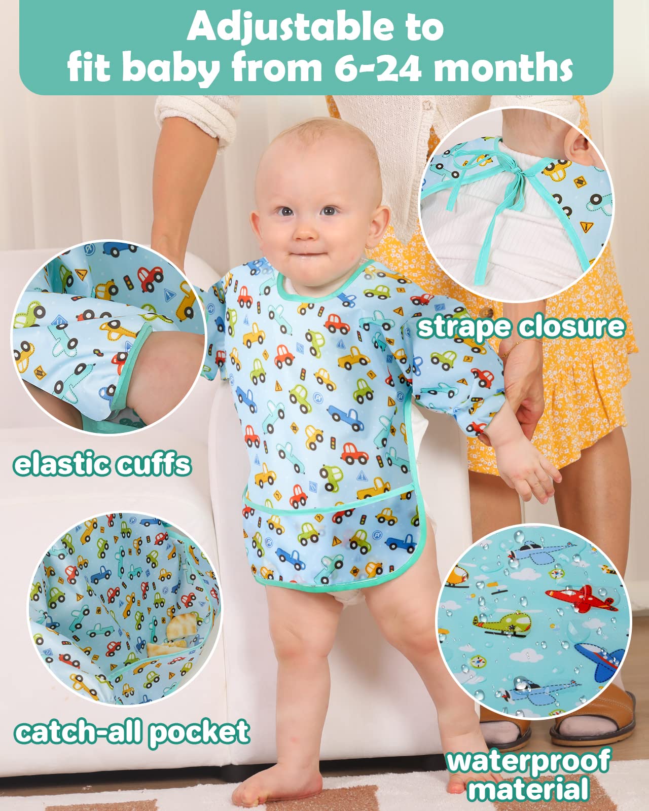 Lictin Long Sleeve Baby Bibs for Boys Girls, 3 Pcs Waterproof Baby Bibs for 6-24 Months Toddlers, Adjustable Closure Baby Smock, Blue