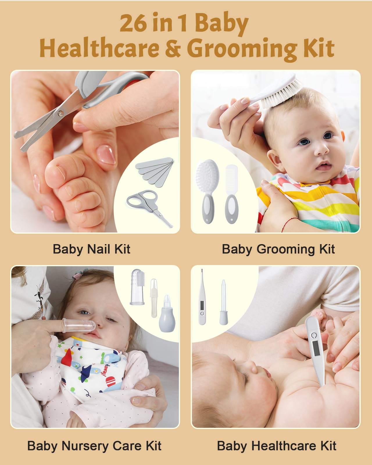 Anpro Baby Healthcare and Grooming Kit, 26 in 1 Rechargeable Nail Trimmer Electric Kit with Auto Light, Newborn Nursery Health Care Portable Safety Kit for Infant Toddlers Boys Girls, Grey