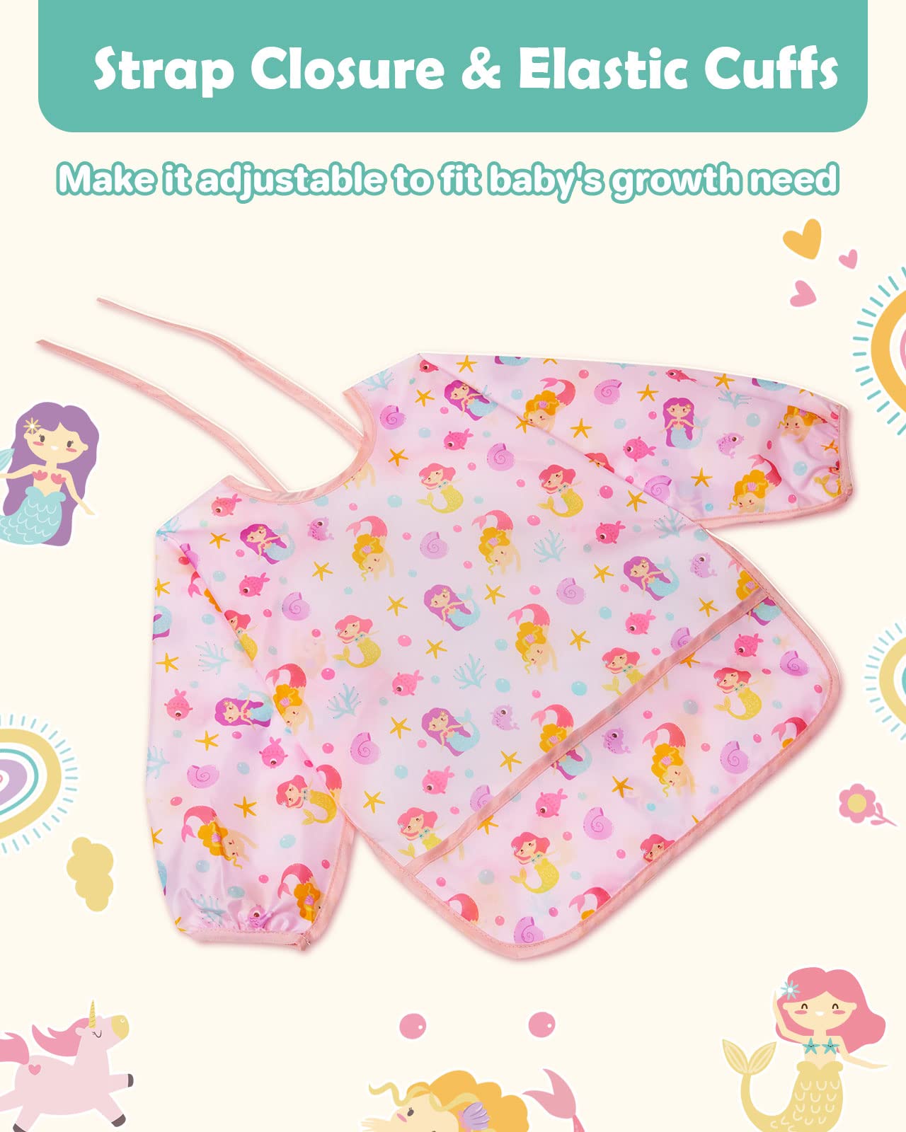Lictin Baby Bibs Long Sleeve for Baby Girls, 3 Pcs Waterproof Bibs for 6-24 Months Toddlers, Adjustable Closure Baby Smock, Pink