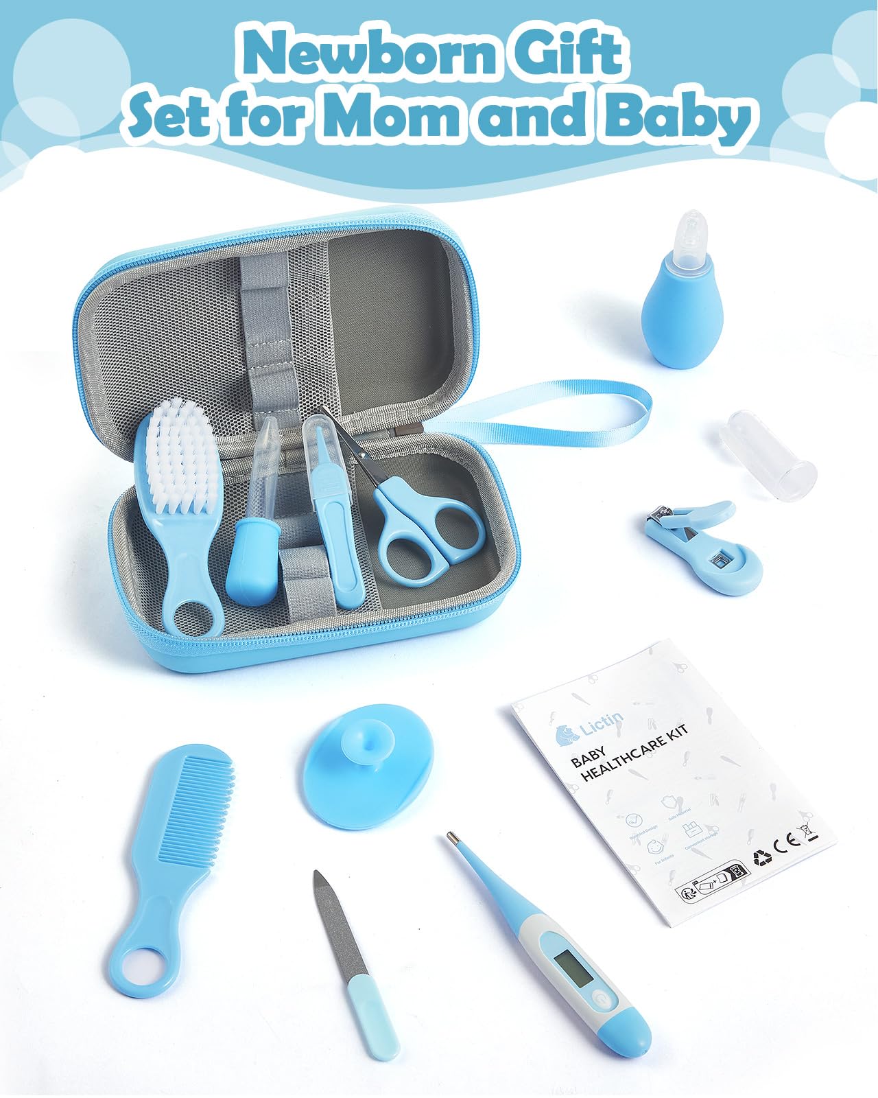 Lictin Baby Healthcare and Grooming kit, Newborn Nursery Safety Health Set with Thermometer Nail Clipper Brush Comb, Baby Care Kit for Baby Boys Girls, Blue