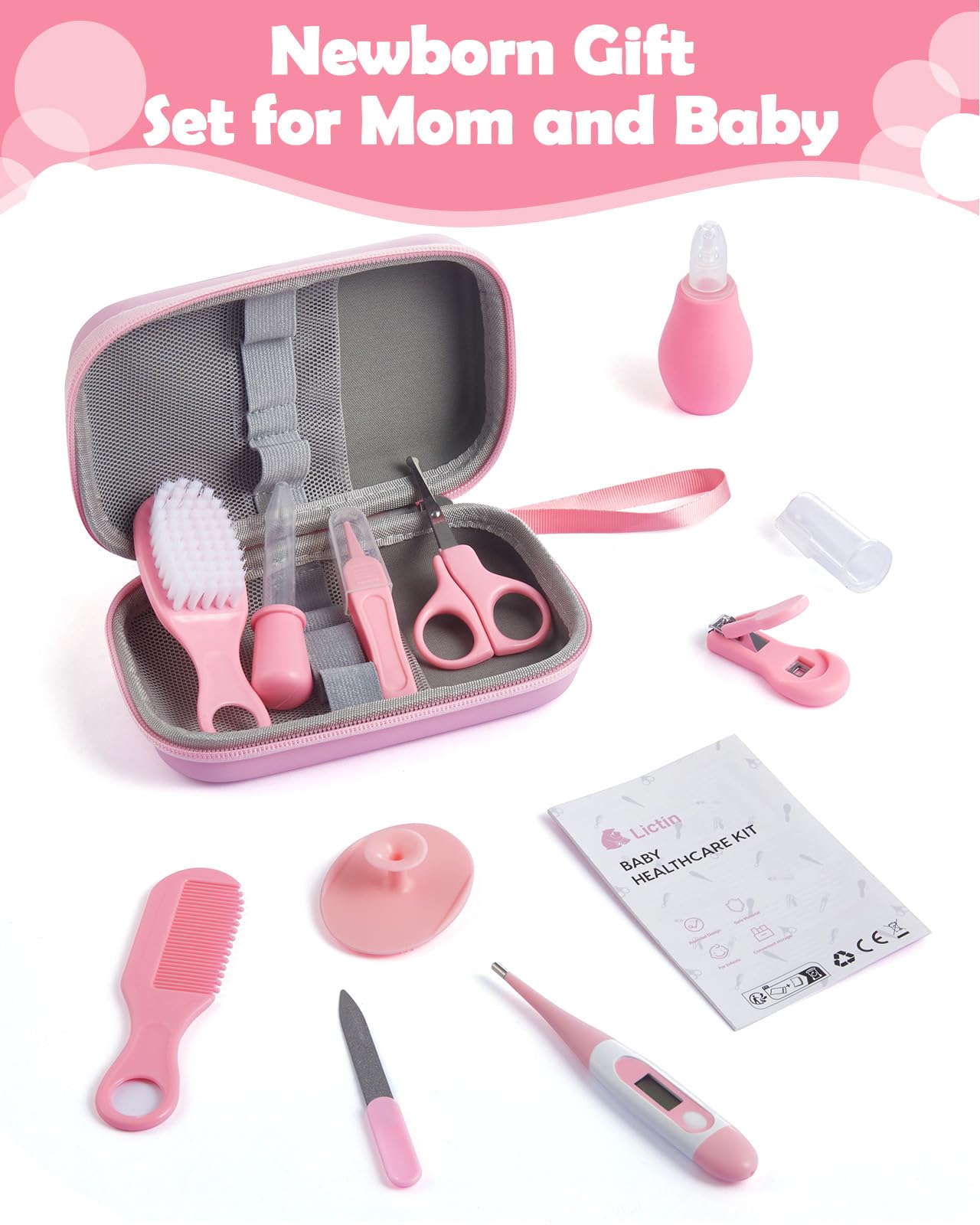 Lictin Baby Grooming and Health Kit, Nursery Safety Health Care Set with Thermometer Nail Clipper Brush Comb, Baby Care Kit for Newborn Baby Girls, Pink