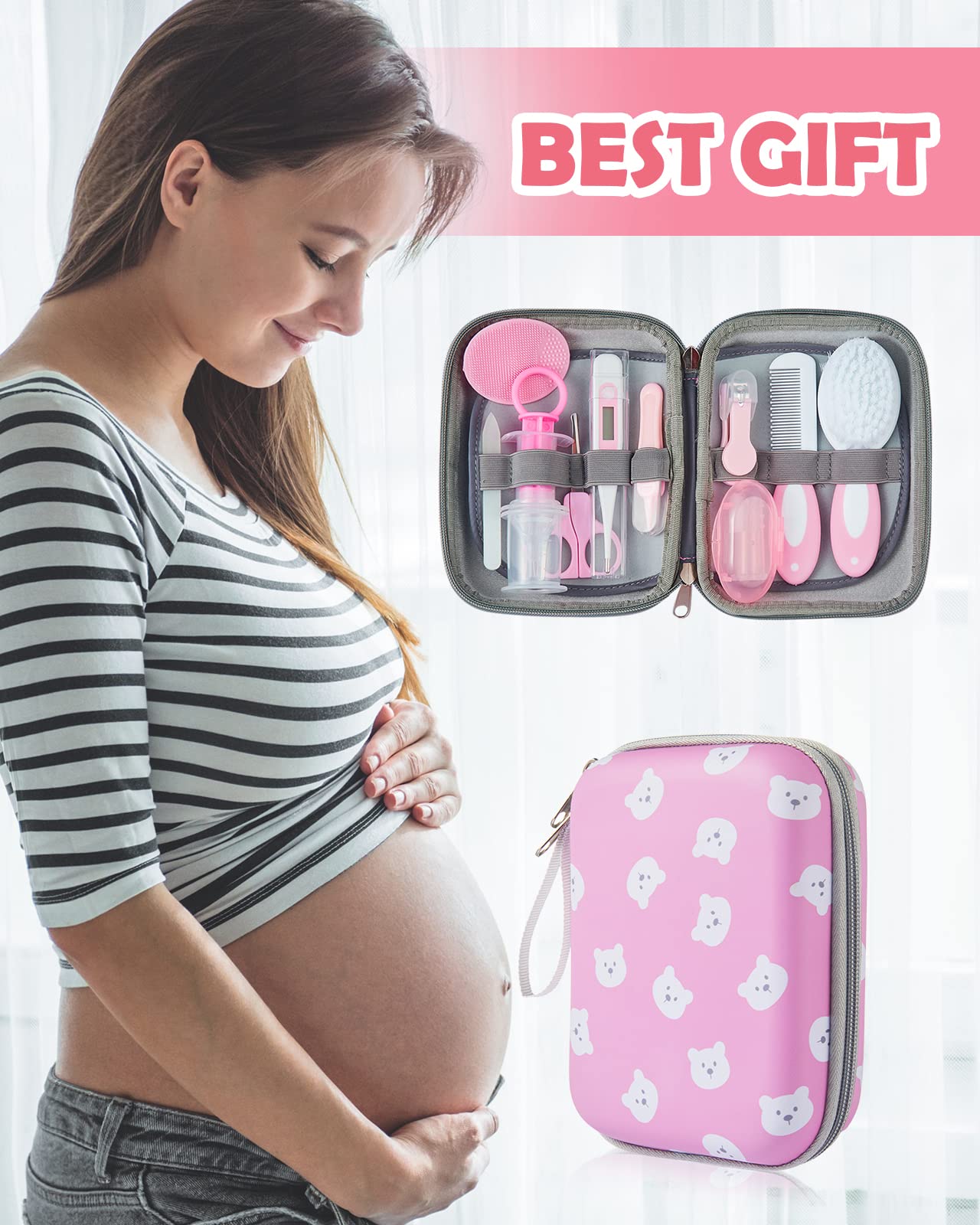 Lictin Baby Grooming Kit, 13 in 1 Portable Newborn Nursery Safety Health Care Set with Thermometer, Brush, Nail Clippers, Baby Care Kit for Baby Girls, Pink