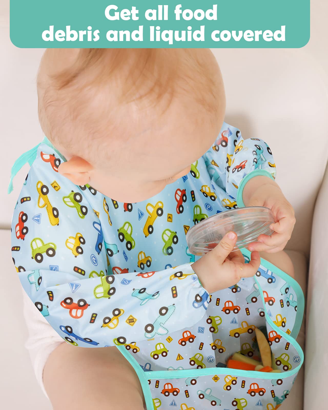 Lictin Long Sleeve Baby Bibs for Boys Girls, 3 Pcs Waterproof Baby Bibs for 6-24 Months Toddlers, Adjustable Closure Baby Smock, Blue