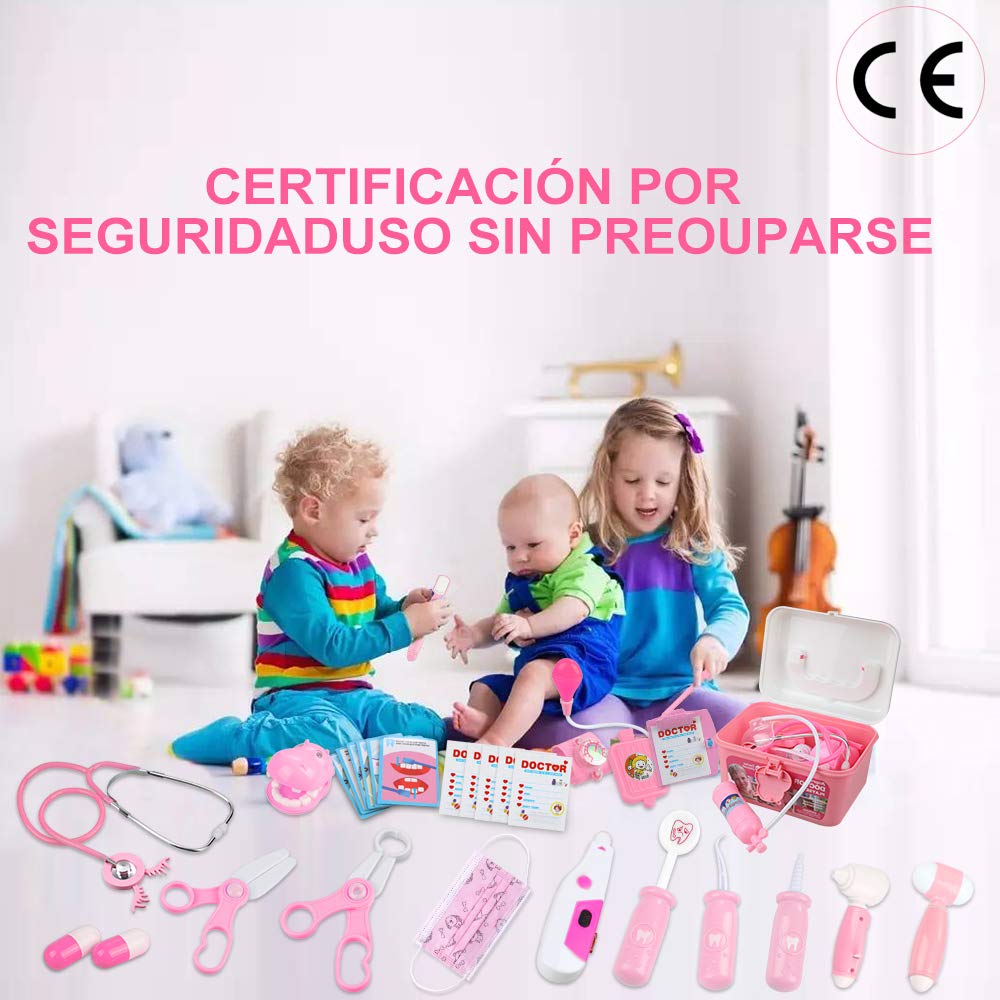 Anpro Doctor Kit for Kids, 46Pcs Pink Medical Toy Kids Pretend Educational Play Set with Stethoscope Doctor Role Play Gifts for Toddler Boys & Girls 3-6 Years