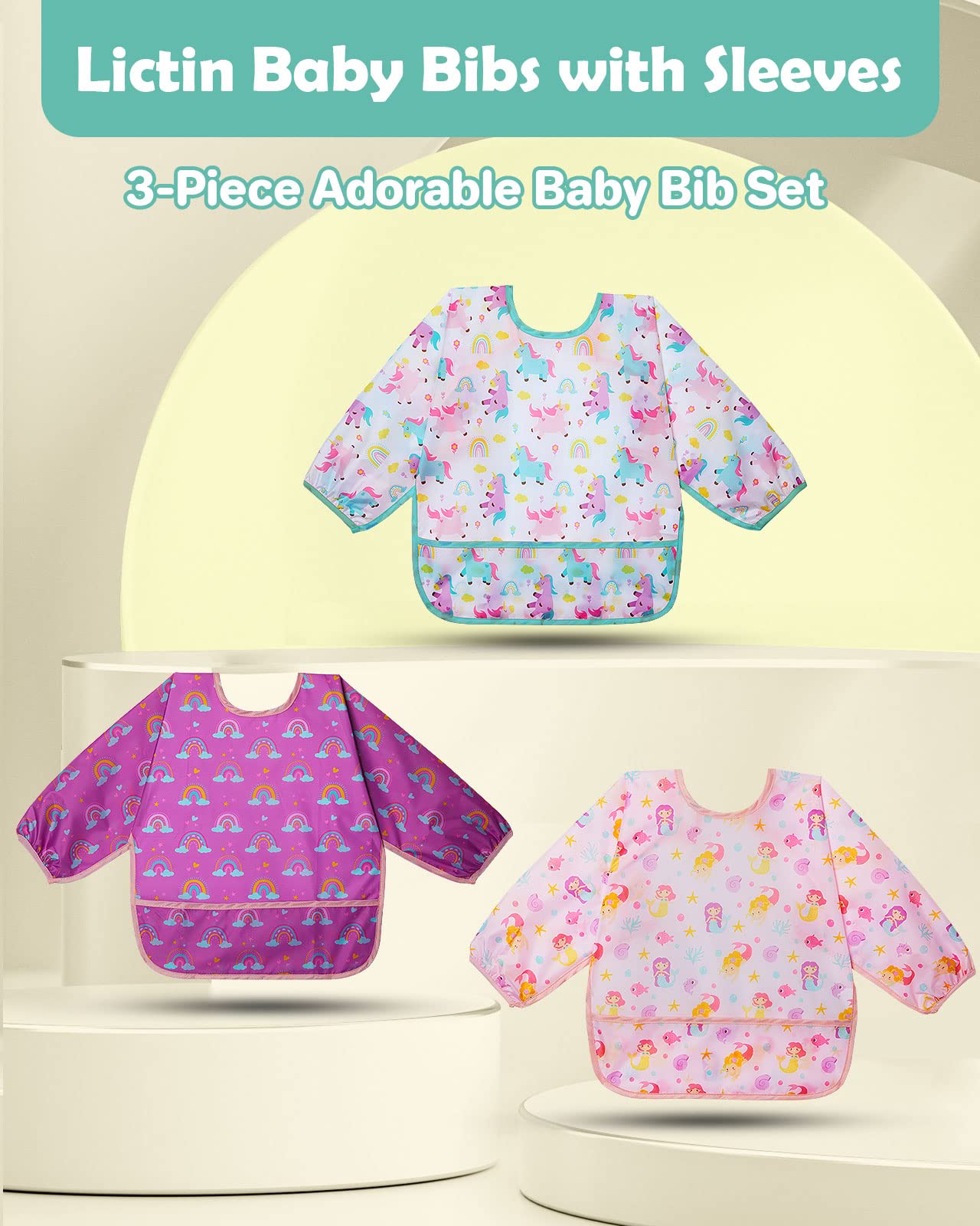 Lictin Baby Bibs Long Sleeve for Baby Girls, 3 Pcs Waterproof Bibs for 6-24 Months Toddlers, Adjustable Closure Baby Smock, Pink