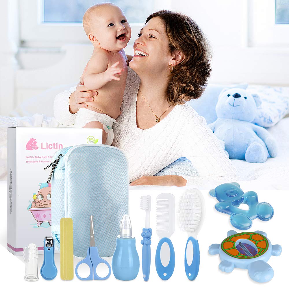 Lictin 12-in-1 Baby Grooming & Healthcare Kit - Portable Safety Care Set with Bath Thermometer, Brush Comb & Nail Clippers - Newborn Essentials for Nursery, Baby Shower Gift Boys Girls, Blue