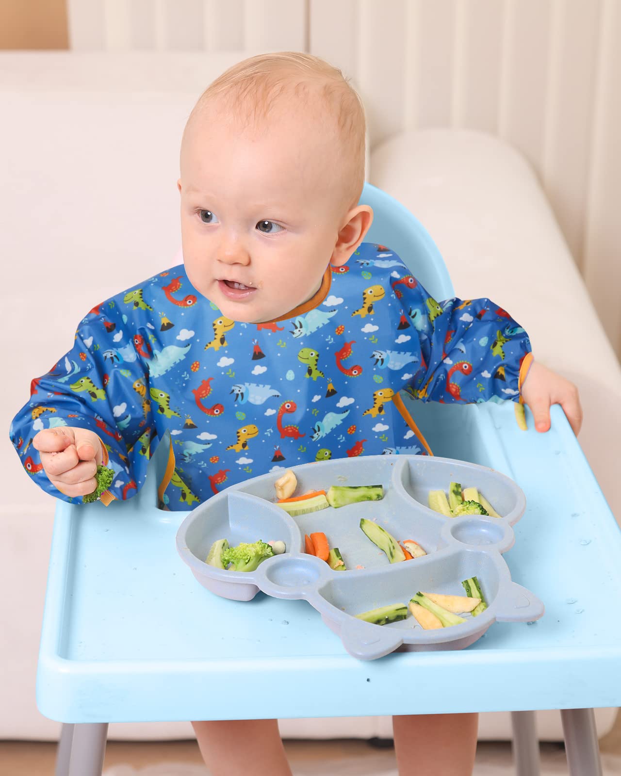 Lictin Long Sleeve Baby Bibs for Boys Girls, 3 Pcs Waterproof Baby Bibs for 6-24 Months Toddlers, Adjustable Closure Baby Smock, Blue