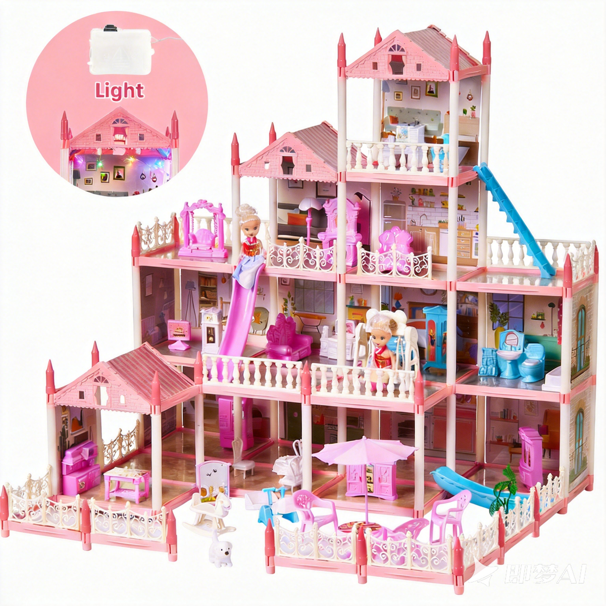 Dollhouse for Kids, 14 Rooms Doll House with Warm Light, DIY Playhouse with Furniture, Light Strip & Slide, Kids Doll House for Girls Ages 3-12, Pink