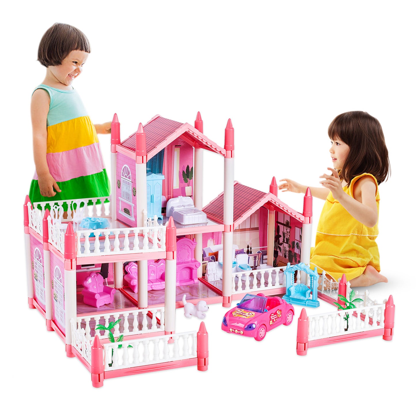 Anpro Pink Dollhouse Pretend Play Set for Kid, Big Villa Princess Castle, 5 Rooms Dollhouse with Doll Toy Figure for Boys and Girls Age 3+ Play House Gift Toys and Christmas Gift